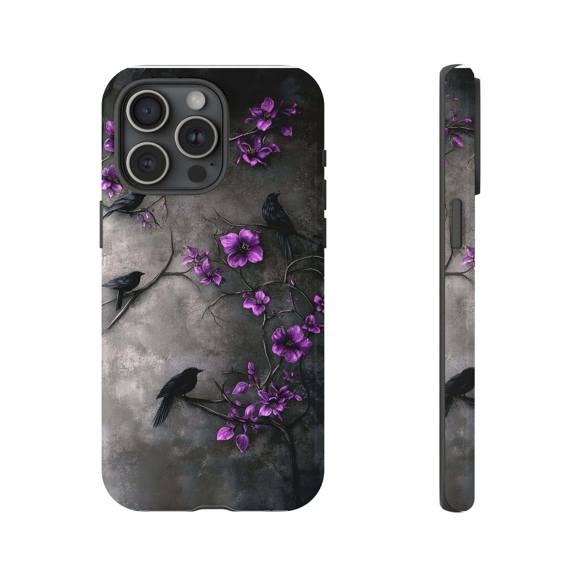 Gothic Raven Phone Case | Dark Botanical Crow & Purple Flower Art | Dual-Layer Tough Case | For iPhone 15 14 13 Pro Max, Uniq