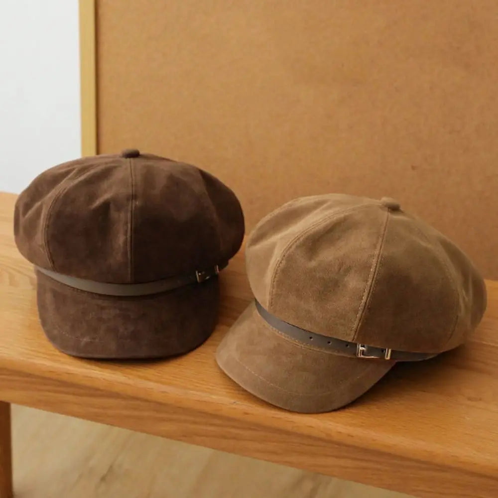 Personality British Style Pu Leather Beret Belt Buckle Brown Suede Octagonal Hat Artist Hat Korean Style Painter Hat Ladies