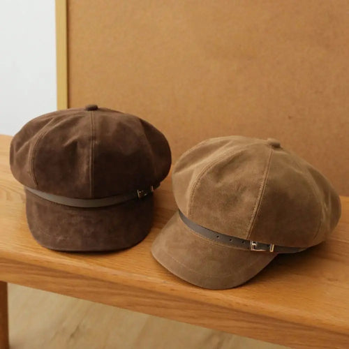 Personality British Style Pu Leather Beret Belt Buckle Brown Suede Octagonal Hat Artist Hat Korean Style Painter Hat Ladies