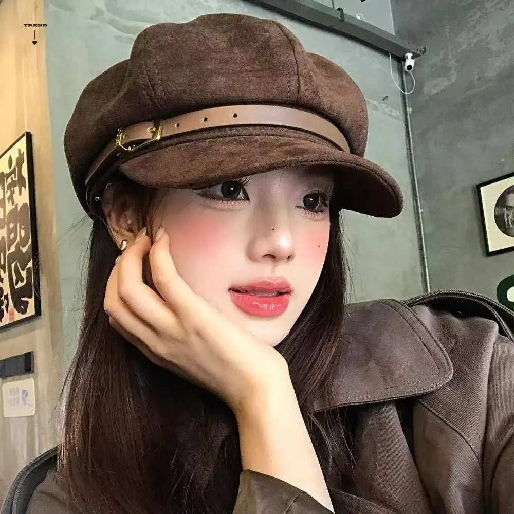 Personality British Style Pu Leather Beret Belt Buckle Brown Suede Octagonal Hat Artist Hat Korean Style Painter Hat Ladies