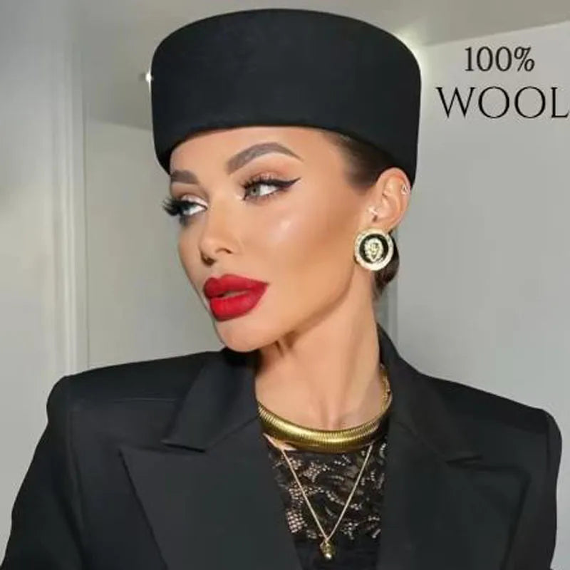 Women Wool Felt Berets Hat Vintage Hard Top Concave Top Fedoras Hats Wedding Fascinator Hats Wedding Cocktail Party Pillbox Cap