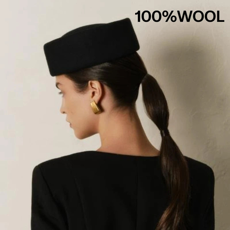 Women Wool Felt Berets Hat Vintage Hard Top Concave Top Fedoras Hats Wedding Fascinator Hats Wedding Cocktail Party Pillbox Cap