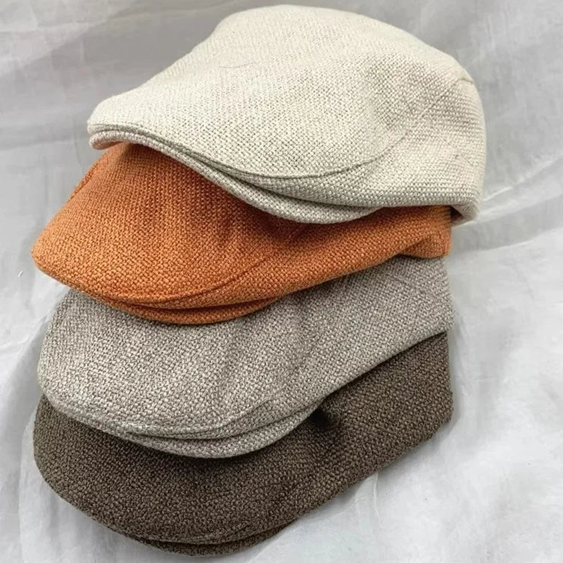 Vintage Linen Beret Caps for Men Women Autumn Fashion Retro Adjustable Hats Unisex Breathable Solid Color Artist Painter Hats