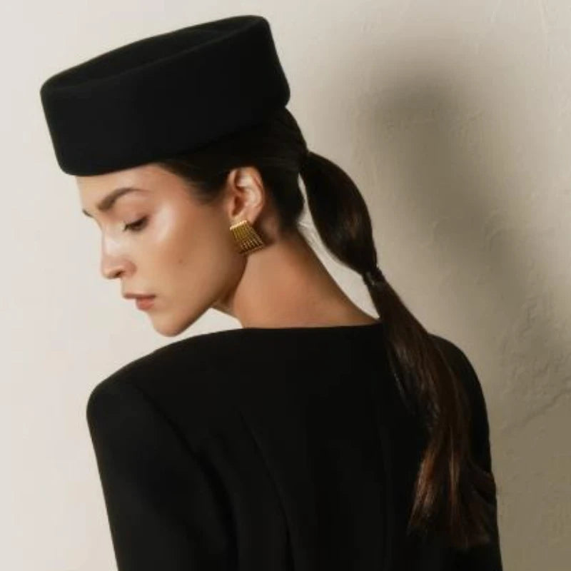 Women Wool Felt Berets Hat Vintage Hard Top Concave Top Fedoras Hats Wedding Fascinator Hats Wedding Cocktail Party Pillbox Cap