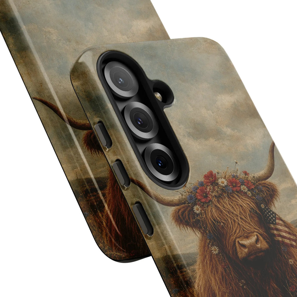 Patriotic Highland Cow iPhone Case | Vintage American Flag & Floral Crown | Dual-Layer Tough Protective Cover | Aesthetic Far
