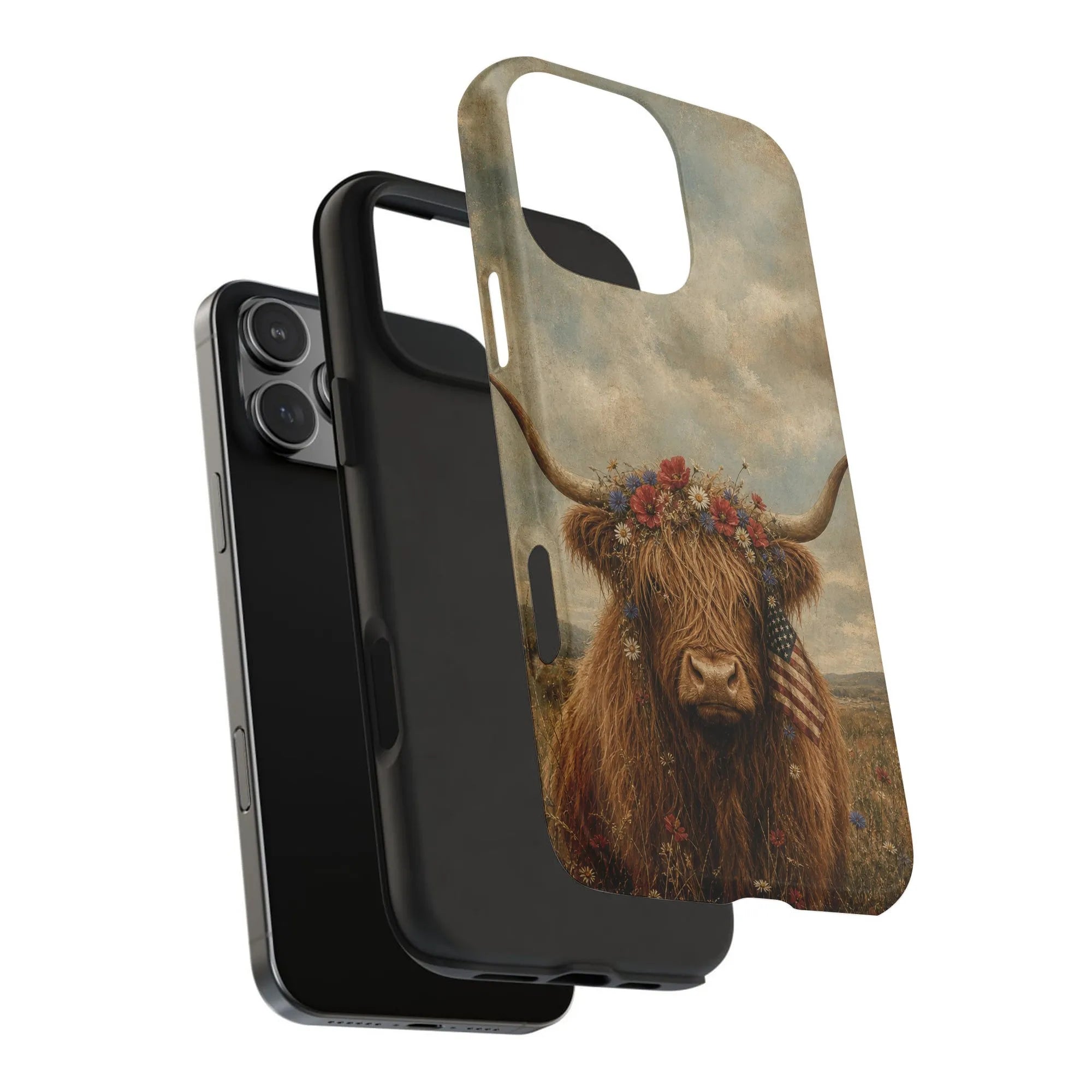 Patriotic Highland Cow iPhone Case | Vintage American Flag & Floral Crown | Dual-Layer Tough Protective Cover | Aesthetic Far