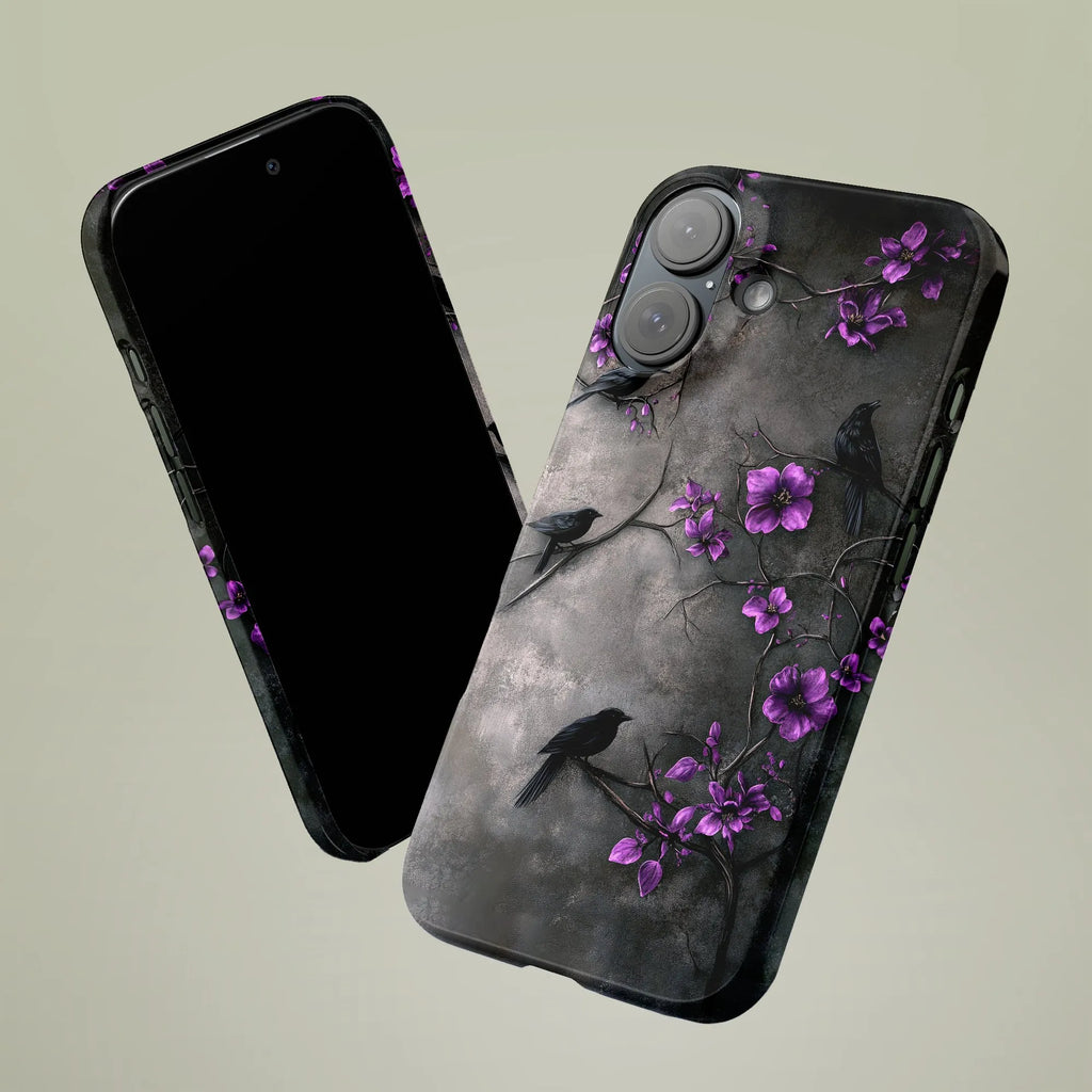 Gothic Raven Phone Case | Dark Botanical Crow & Purple Flower Art | Dual-Layer Tough Case | For iPhone 15 14 13 Pro Max, Uniq