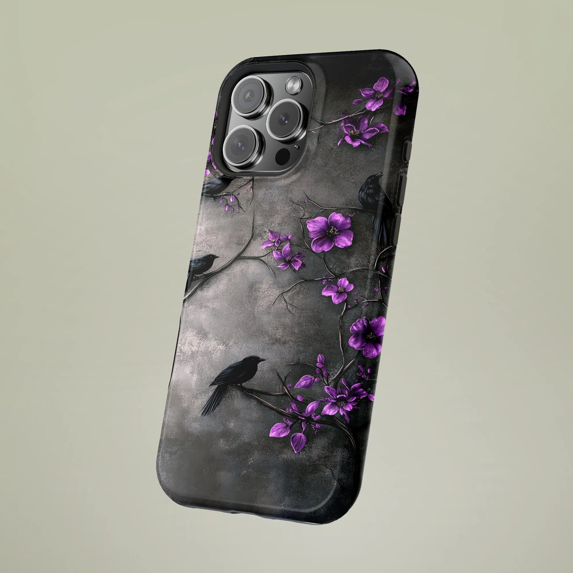 Gothic Raven Phone Case | Dark Botanical Crow & Purple Flower Art | Dual-Layer Tough Case | For iPhone 15 14 13 Pro Max, Uniq