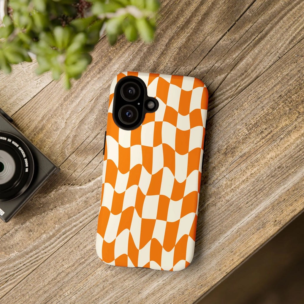 Wavy Checkerboard iPhone Case | Retro Orange & Cream Check Print | Premium Dual-Layer Protection | Aesthetic Y2K Gift for Her